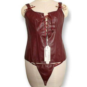 Renaissance Vintage Style Lace Up Bustier Burgundy Corset W/Thong XXL NWT